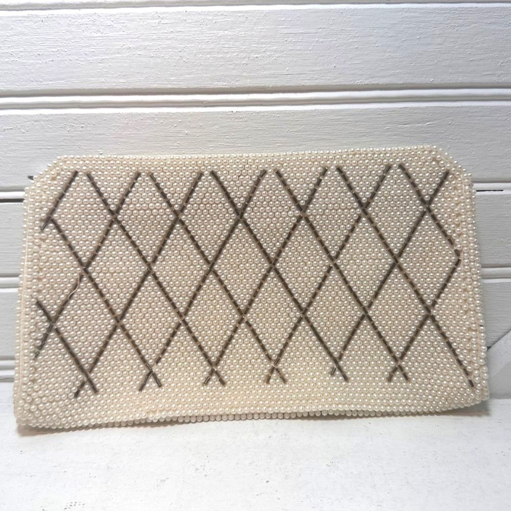 Vintage Beaded Clutch Purse Ivory Gray Checkered Pattern Made in Japan MCM